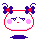 Pixel art contact sheet of six animated frames showing a round white character with pink cheeks, red mouth, purple butterfly bows on head, and blue cloud-like shapes below.