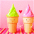 Two pixelated ice cream cones with smiling faces hold hands under a red heart on a pink background.