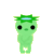 Green pixelated character with large black eyes and a blue headpiece stands against gray background, displaying multiple facial expressions.