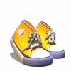 Animated sequence of yellow high-top sneakers with white toes, purple soles, and silver laces, showing progressive rotation and shadow changes.