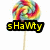 A rainbow-swirled lollipop with a wooden stick, featuring yellow text on black backgrounds in various distorted arrangements.