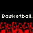 Pixelated text reads "Basketball. Basketball." above red pixelated shapes on black background.
