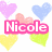 Pixelated heart shapes in pastel colors surround a pink rectangular text box with 'Nicole' written inside.