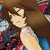 Anime-style character with long brown hair and closed eyes, wearing a sleeveless top over blue pants against a colorful patterned background.