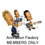 Animated cartoon band of three figures with exaggerated heads, playing instruments under "Animation Factory MEMBERS ONLY" text.