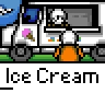 Animated contact sheet of a pixel art ice cream truck icon showing multiple frames with character interactions and text bubbles.