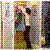 Pixelated static image of two figures in close proximity with one figure holding a dark object against a multicolored background.