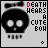 Pixelated skull icon with text 'DEATH HEARS A CUTE BOH' on light gray background, animated cursor changes between frames.