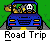 Pixel art animation of a blue car with two dogs on a road trip, displayed as an animated contact sheet with multiple frames showing motion changes.