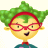 Pixelated cartoon character with green spiky hair, red glasses, yellow face, and teal shirt on white background.