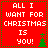Red pixelated background with white text reading 'ALL I WANT FOR CHRISTMAS IS YOU!' and green Christmas tree icons in four quadrants.