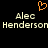 A black background displays two identical pixelated names 'Alec Henderson' with an orange heart symbol above the left name.
