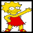 Pixelated character with yellow hair and red dress extends right arm forward, left hand on hip, in two sequential poses showing arm movement.