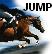 A static image of a brown horse in mid-jump with rider, bold black text 'JUMP' above on white background.