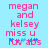 Pixelated text on light blue background reads 'megan and kelsey miss U luv abs' with blue star-like symbols replacing 'u' and 'abs' letters.