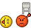 Animated sequence of yellow and orange circular icons with speaker symbols, showing facial expressions on the orange icon against a gray background.