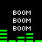 Pixelated green audio equalizer bars and repeated 'BOOM' text on a black background with animated bar height changes.