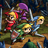 Four pixelated characters in dynamic poses with swords, set against a dark background with green and brown terrain elements.