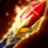 A red and gold rocket-shaped object with blue accents moves against a dark background with scattered light particles.