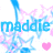 Animated pattern of blue and pink stars with repeated 'maddie' text and a central pink heart on white background.