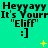 Pixelated text and symbols on a green background with yellow starbursts and dots. The text repeats 'Heyyayy It's Yourr' followed by 'Eliff' and a smiley face. The yellow elements shift position across frames.