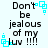 Pixelated text reads "Don't be jealous of my luv !!!!" with cyan square accents on a light background.
