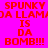 Pixelated text reads "SPUNKY DA LLAMA IS DA BOMB!!!" in red on alternating pink and blue backgrounds with no visible animation changes.