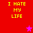 Red background with yellow text "I HATE MY LIFE" repeated four times and three pink stars in different positions.