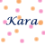 Pixelated text 'Kara' in dark blue with light gray outlines, surrounded by scattered pink and orange square pixels on a white background.