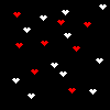 Black background with scattered red and white heart shapes, some hearts partially overlapping, and a solid gray rectangle in the bottom-right corner.