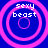 Four identical circular icons with pink concentric rings on a blue background, each containing 'sexy beast' text in white pixelated font.