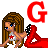 Pixel art contact sheet showing two frames of an animated buddy icon with a cartoon woman in red boots and star emblem, flanked by large 'G' letters.