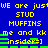 Blue background with yellow pixelated text repeating 'WE are just STUD MUFFINS me and kk insider=]' and green horizontal bars.
