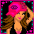 Pixel art contact sheet of an animated character in pink and black attire with text phrases, arranged in a 4x3 grid on a gray background.