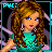 Pixel art of a female character in teal top and white skirt with long brown hair, showing full body, torso, legs, head close-up, and text
