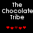 Pixelated text "The Chocolate Tribe" appears above red heart symbols on a black background, with two identical versions side-by-side.