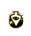 Three variations of a pixelated icon featuring a black circular base with yellow text, a white triangular pointer shape, and an eye symbol inside the triangle.
