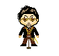 Pixelated character in dark jacket and brown pants with gold chain, shown in multiple poses including standing, pointing, and covering mouth.