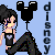 Pixelated character with black hair in a bun, blue streaks on face, wearing black tank top with purple heart and black pants, holding Mickey Mouse ears balloon against light blue background.
