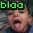 Pixelated image of a child's face with mouth open and tongue out, overlaid with green blocky text reading 'bloo' on black background.