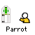 Pixelated cartoon parrot in yellow shirt and white head, with green birdhouse background; text bubbles change across frames.