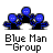Animated contact sheet of 10 frames showing a pixelated Blue Man Group icon with varying text and character states on gray background.