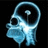 Pixelated blue and white icon of a stylized human head in profile with a circular halo-like shape behind it, set against a black background.