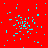 Red background with scattered cyan pixel clusters and a gray rectangular area in the bottom right corner.
