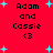 Red background with cyan plus signs and black text reading "Adam and Cassie <3" in two