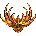 A pixelated animation of a stylized animal head with branching antlers, transitioning through color variations of orange, brown, and blue against a gray background.