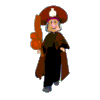 Animated sequence of a cartoon character in brown cloak and hat holding a staff with orange orbs, changing poses across frames.