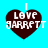 Four identical heart-shaped icons with 'I LOVE GARRETT' text on a cyan background, each featuring pixelated white lettering and dark brown hearts.