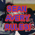Four distinct text-based with pixelated backgrounds and bold lettering in red, blue, cyan colors