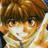 Pixelated anime-style character with brown hair and orange eyes, wearing a light-colored scarf, next to black background with white text.